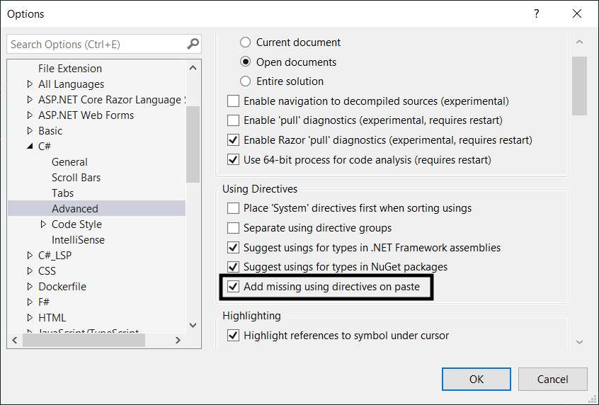 Visual Studio C# - Advanced settings