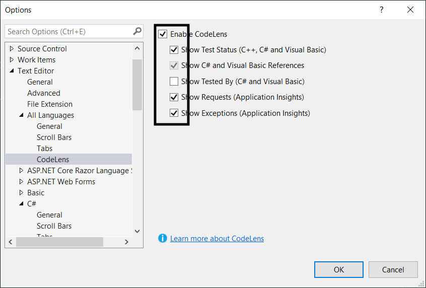 Visual Studio CodeLens settings