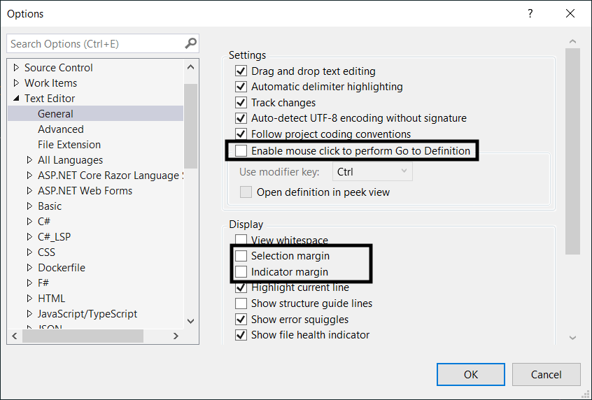 Visual Studio Text Editor settings