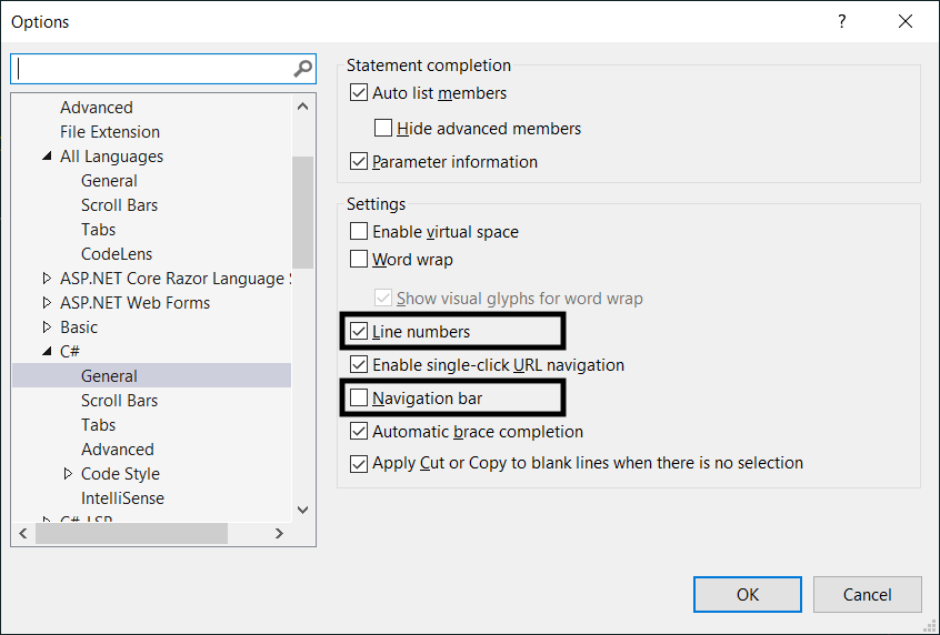 Visual Studio C# settings