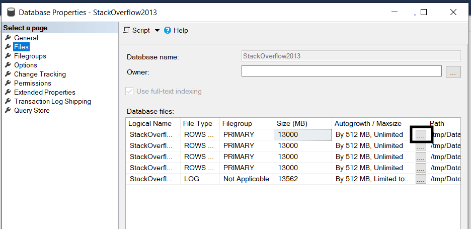 Files page from Database properties in SQL Server Management Studio