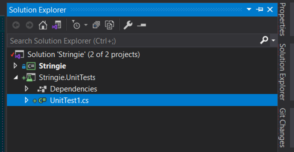 Visual Studio 'Solution Explorer' showing a new file 'UnitTest1.cs'