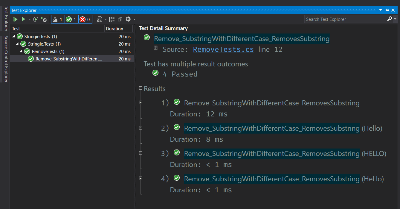 Visual Studio 'Test Explorer' showing the result outcomes for our parameterized test