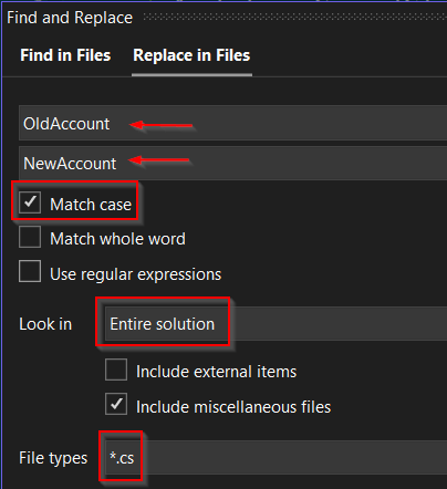 Visual Studio 'Replace in Files' menu
